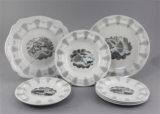 Eric Ravilious for Wedgwood- eight various Travel, pattern plates, date codes for 1953-5, 15cm -26cm